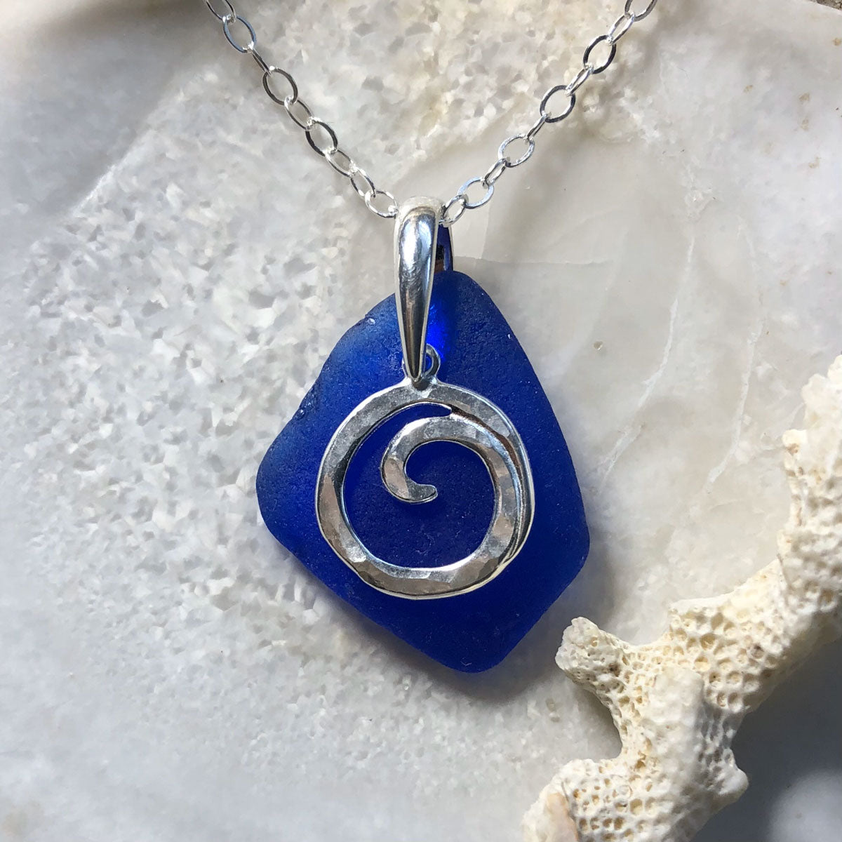 Cobalt Blue Sea Glass Necklace with a Sterling Silver Ocean Wave