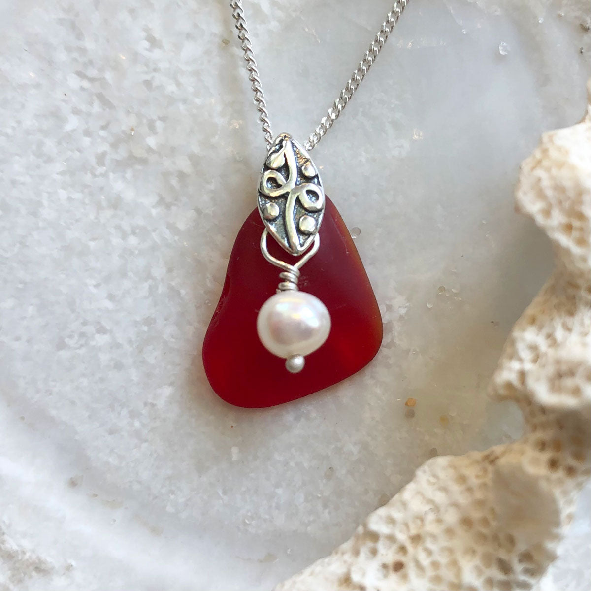 Red Sea Glass Necklace with Freshwater Pearl