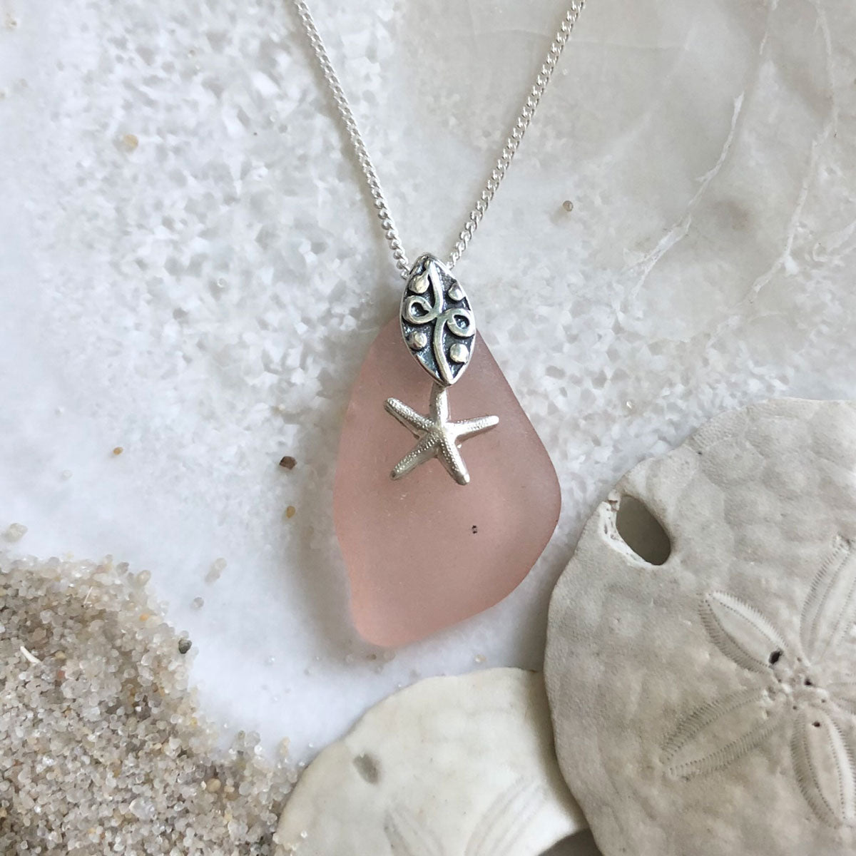 Pink Sea Glass Necklace with Sterling Silver Starfish