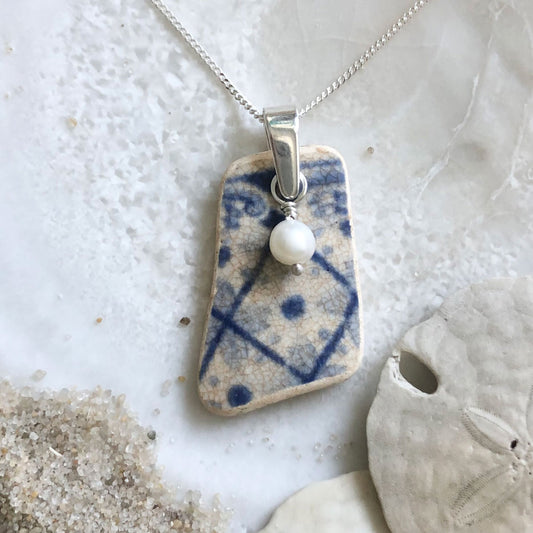 Blue Sea Pottery Necklace with Freshwater Pearl