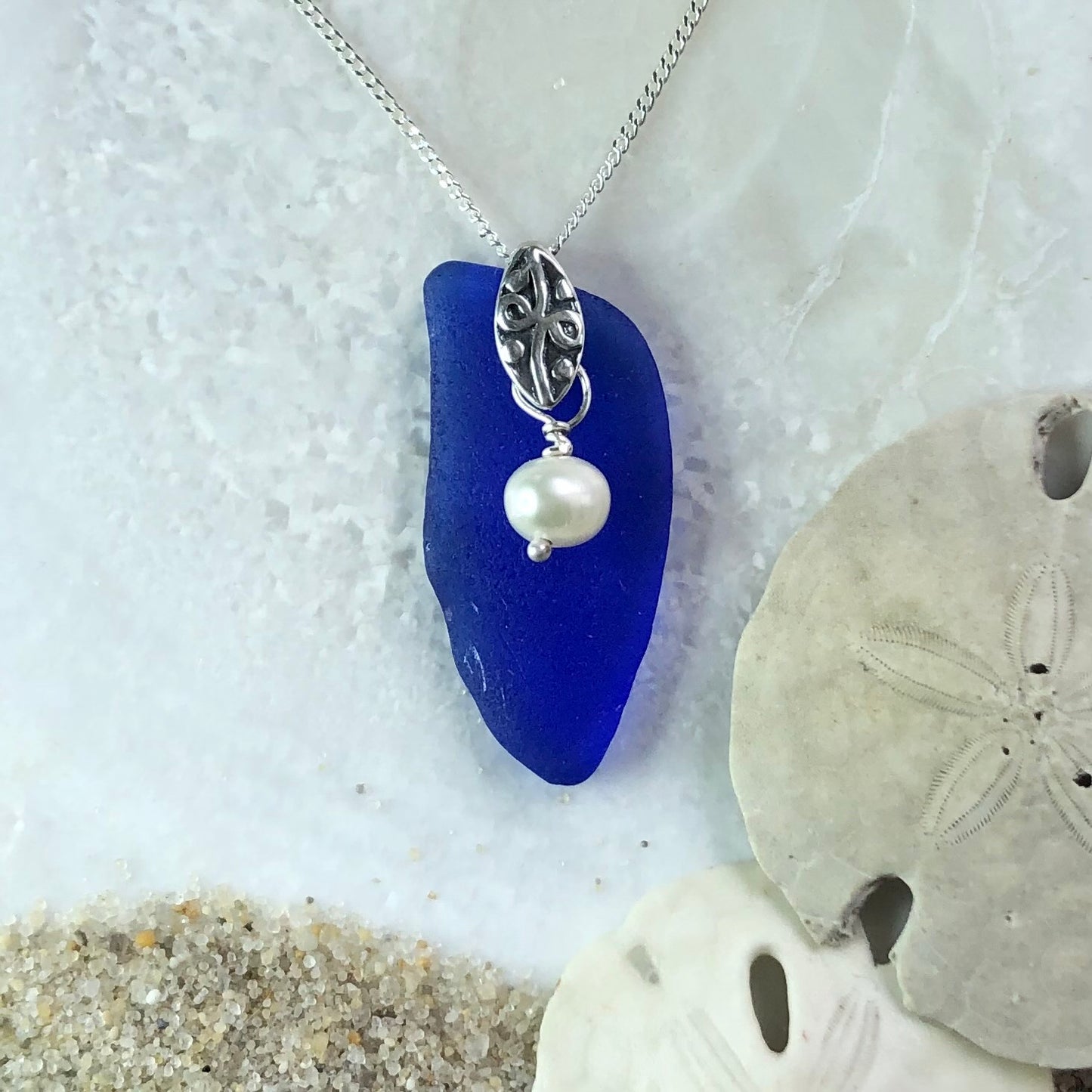 Cobalt Blue Seaglass Necklace with Fresh Water Pearl