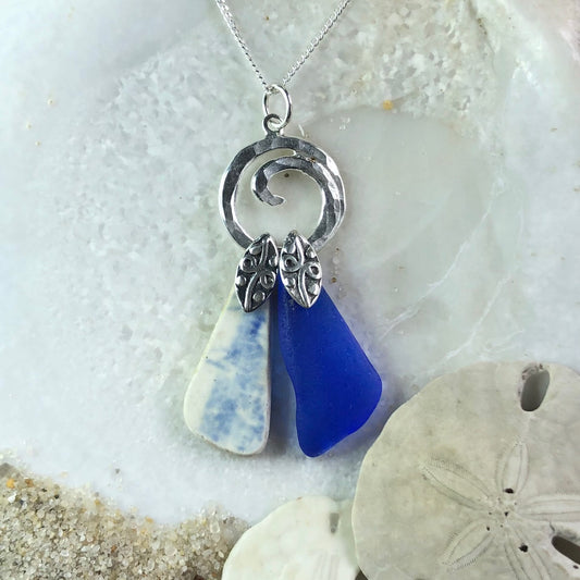 Blue Sea Glass and Sea Pottery Necklace