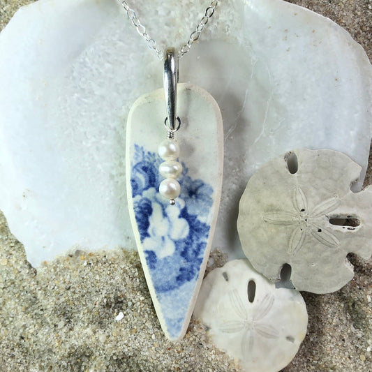 Beautiful Blue Sea Pottery Necklace with Freshwater Pearls