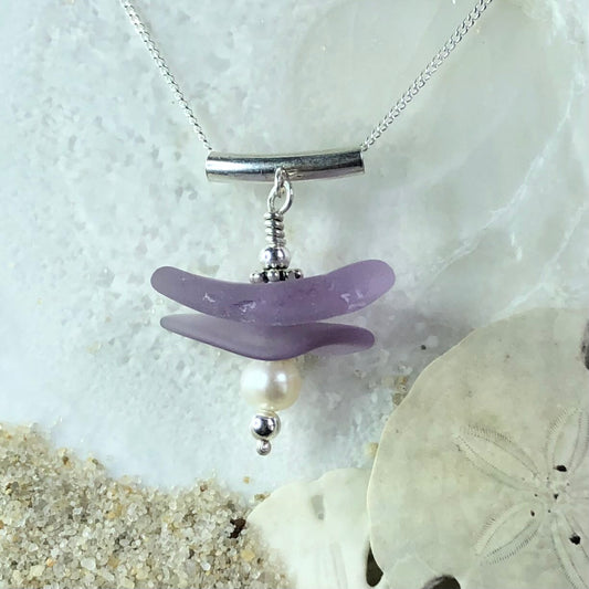 Lavender Sea Glass Necklace with Freshwater Pearl