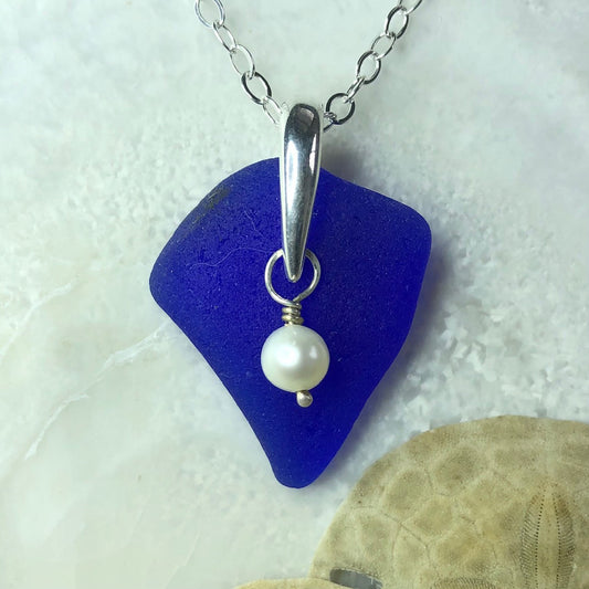 Cobalt Blue Sea Glass with Freshwater Pearl Necklace
