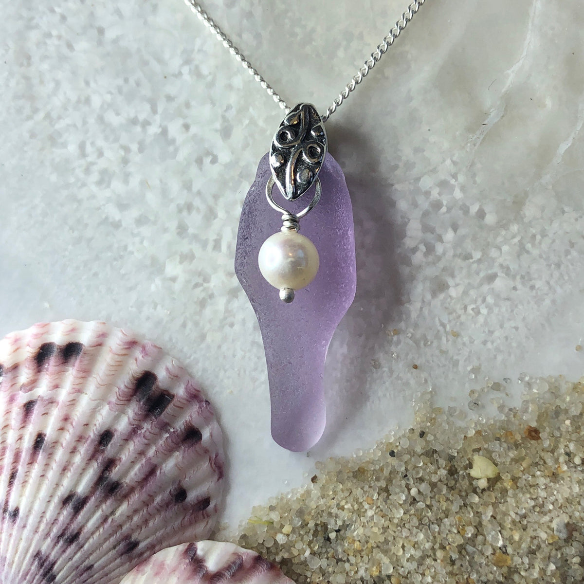 Lavender Sea Glass Necklace with Freshwater Pearl