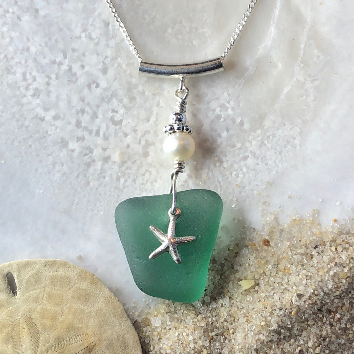 Teal Sea Glass Necklace with Starfish Pendant