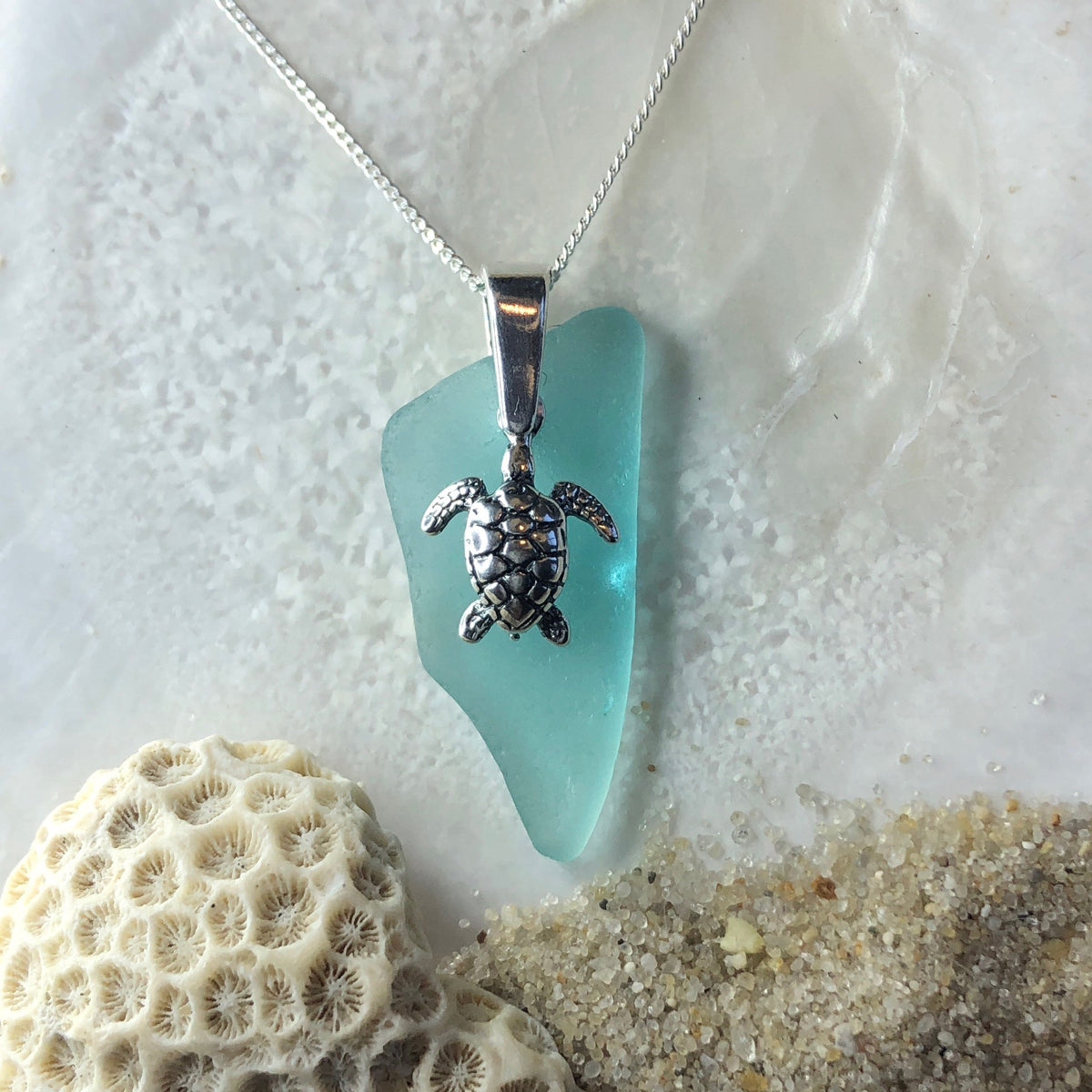 Aqua Sea Glass Necklace with Turtle Pendant