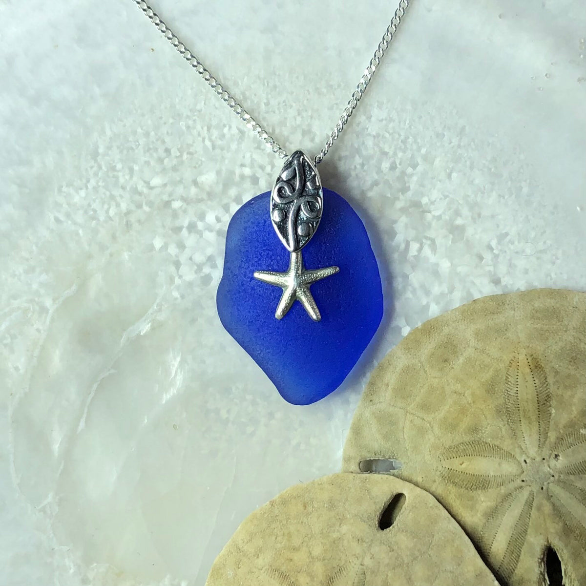 Cobalt Blue Sea Glass with Starfish Necklace